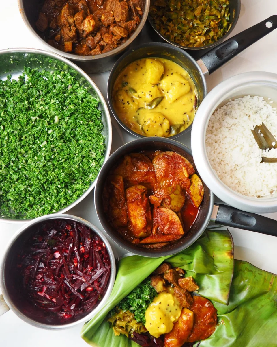 Rice and curry served with assorted Sri Lankan curries and sambols.