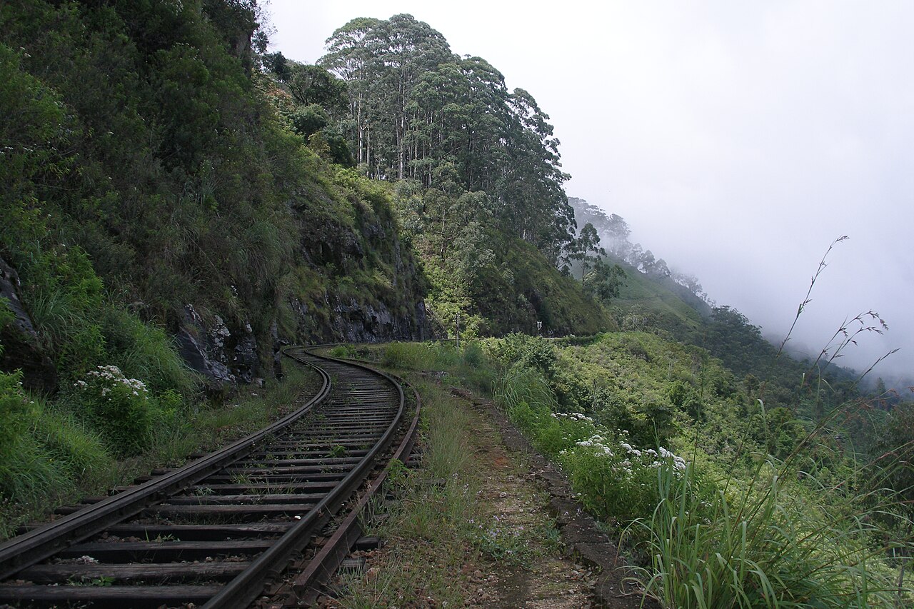 Mountain railway and misty green hills at Haputale, Sri Lanka