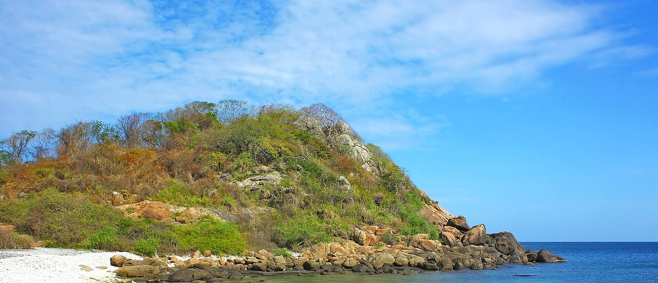 Pigeon Island National Park rocky shoreline and island vegetation near Nilaveli, Sri Lanka